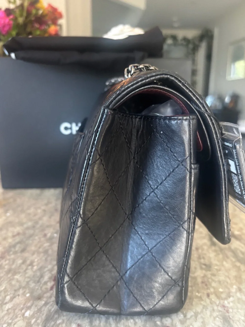 CHANEL 2.55 Reissue 226 Black Aged Calfskin Ruthenium Hardware Double Flap AUTH